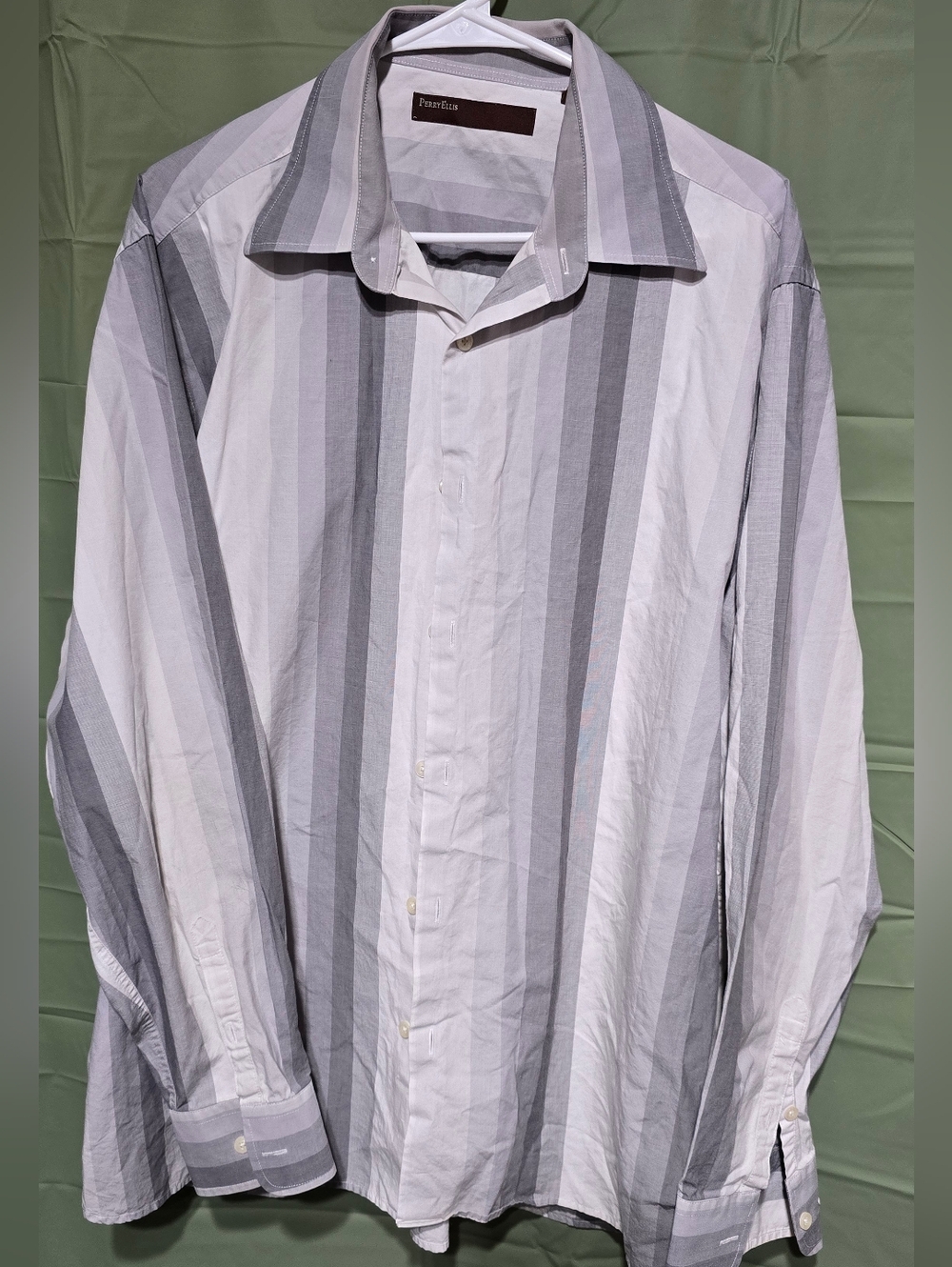 Perry Ellis Gray & White Vertical Stripe Dress Shirt